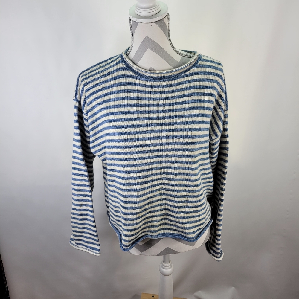 United Knitwear Blue and White Striped Rolled Collar, Bottom Cuffs Size Medium